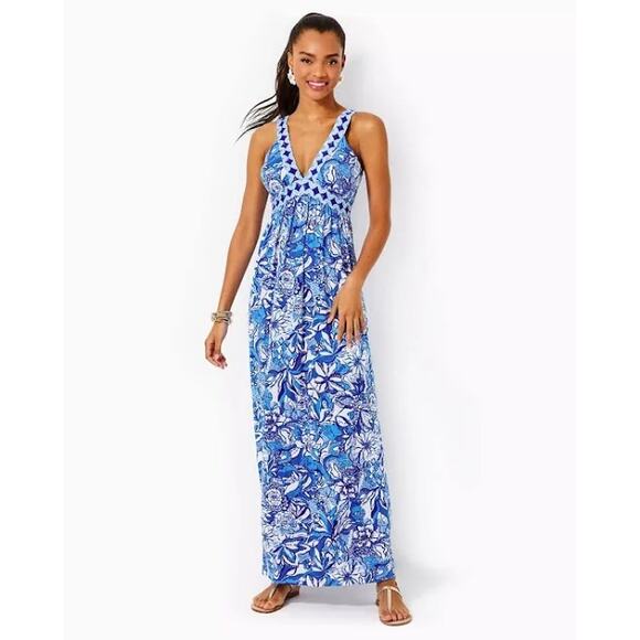 Lilly Pulitzer Serena V-Neck Maxi Dress Blue Tang Flocking Fabulous Size 6 - Picture 8 of 14